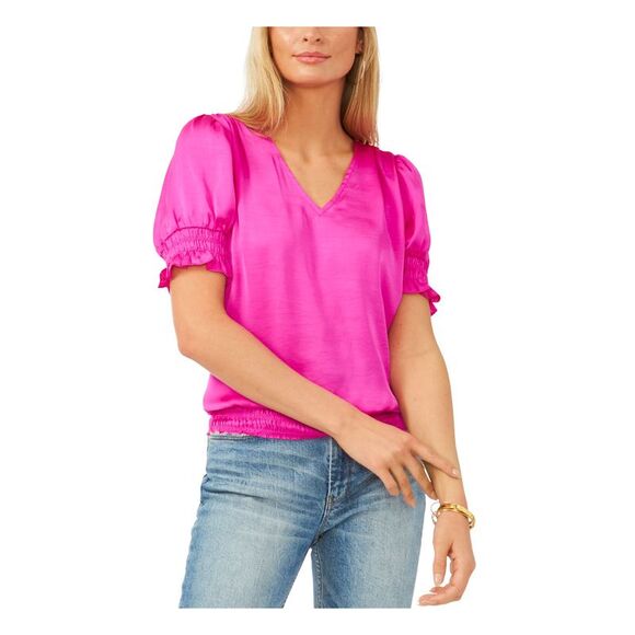 VINCE CAMUTO Womens Pink Smocked Pleated Silk Short Sleeve V Neck Top XS - Picture 1 of 4